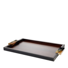 Gioele Ebony & Black Leather Tray with Horn Handles